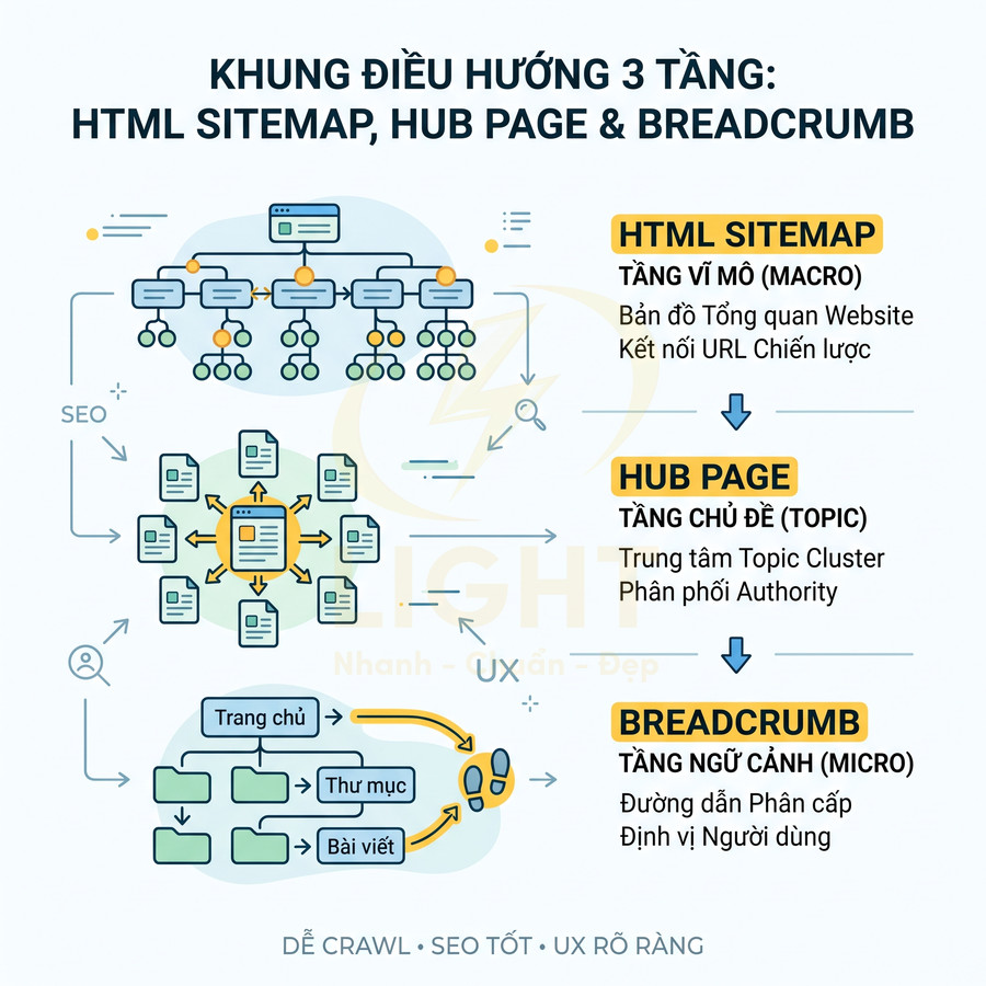 Mô hình điều hướng 3 tầng HTML sitemap hub page breadcrumb tối ưu SEO và trải nghiệm người dùng